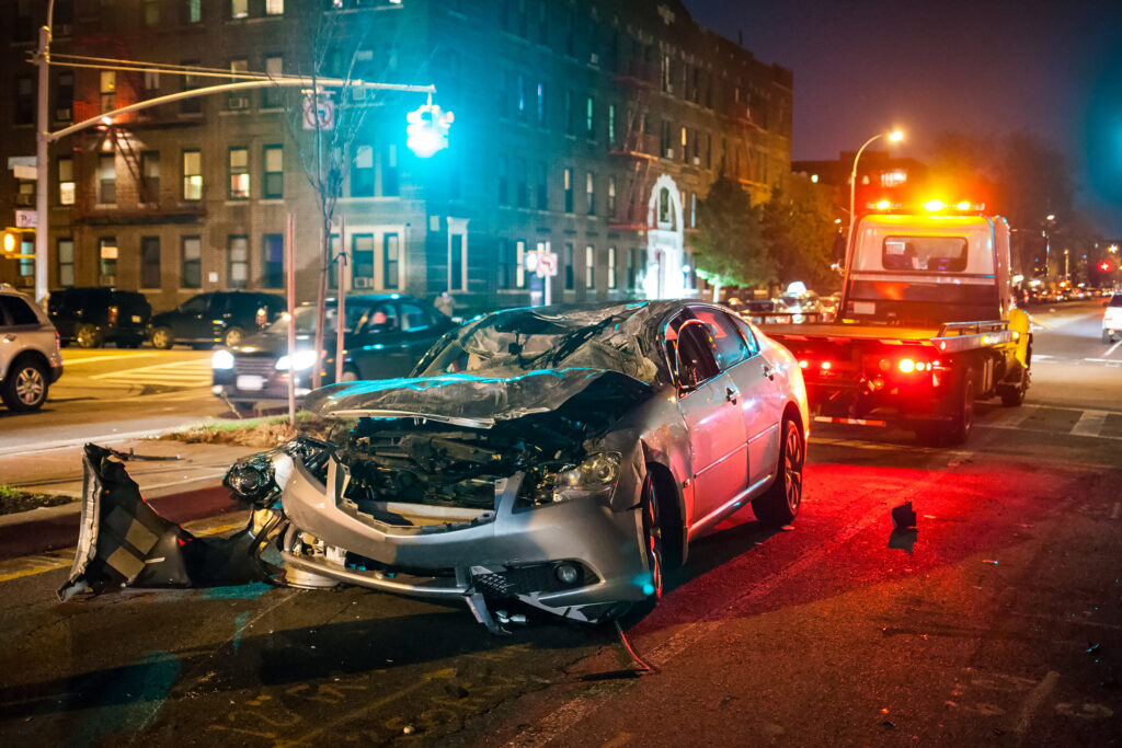 bad car accident at night on a Chicago street