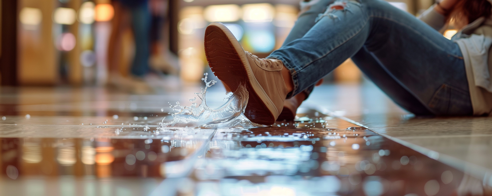 person slipping and falling on puddle of water
